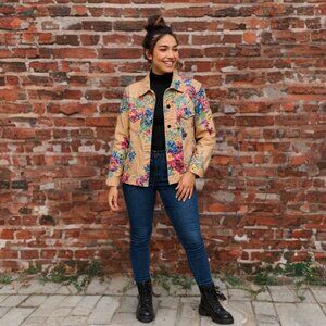 Susan Graver Vintage Floral Denim Jacket Button Down Collared Oversized Colorful